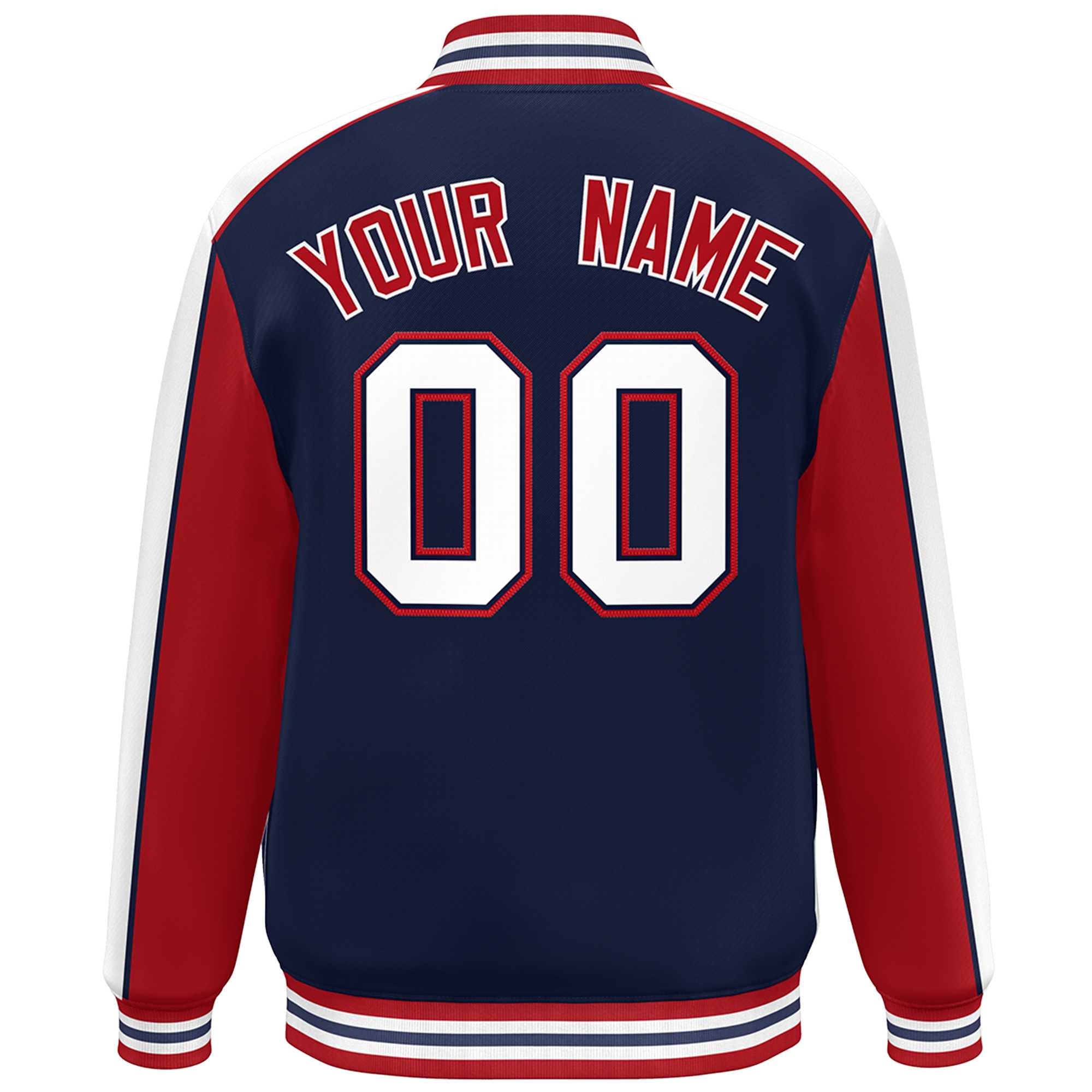 Custom Navy Red-White Color Block Bomber Varsity Full-Snap Baseball Jacket