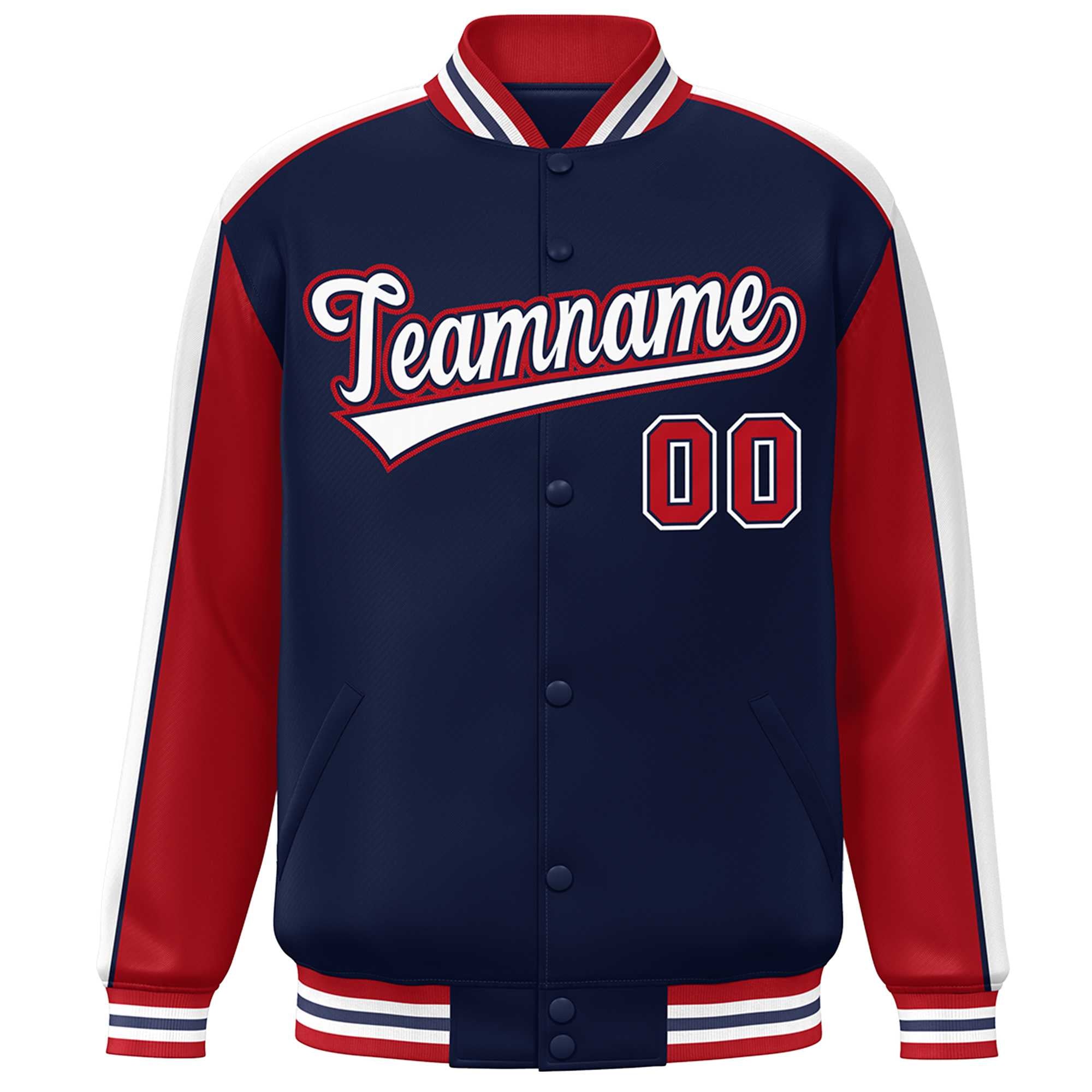 Custom Navy Red-White Color Block Bomber Varsity Full-Snap Baseball Jacket