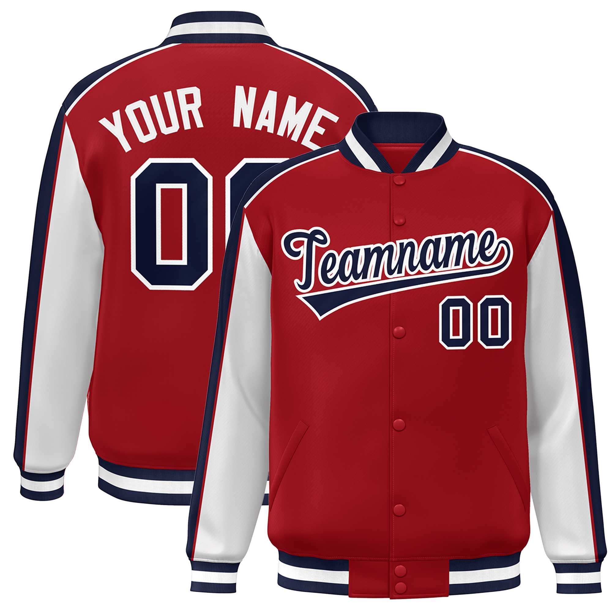 Custom Red Navy-White Color Block Bomber Varsity Full-Snap Baseball Jacket