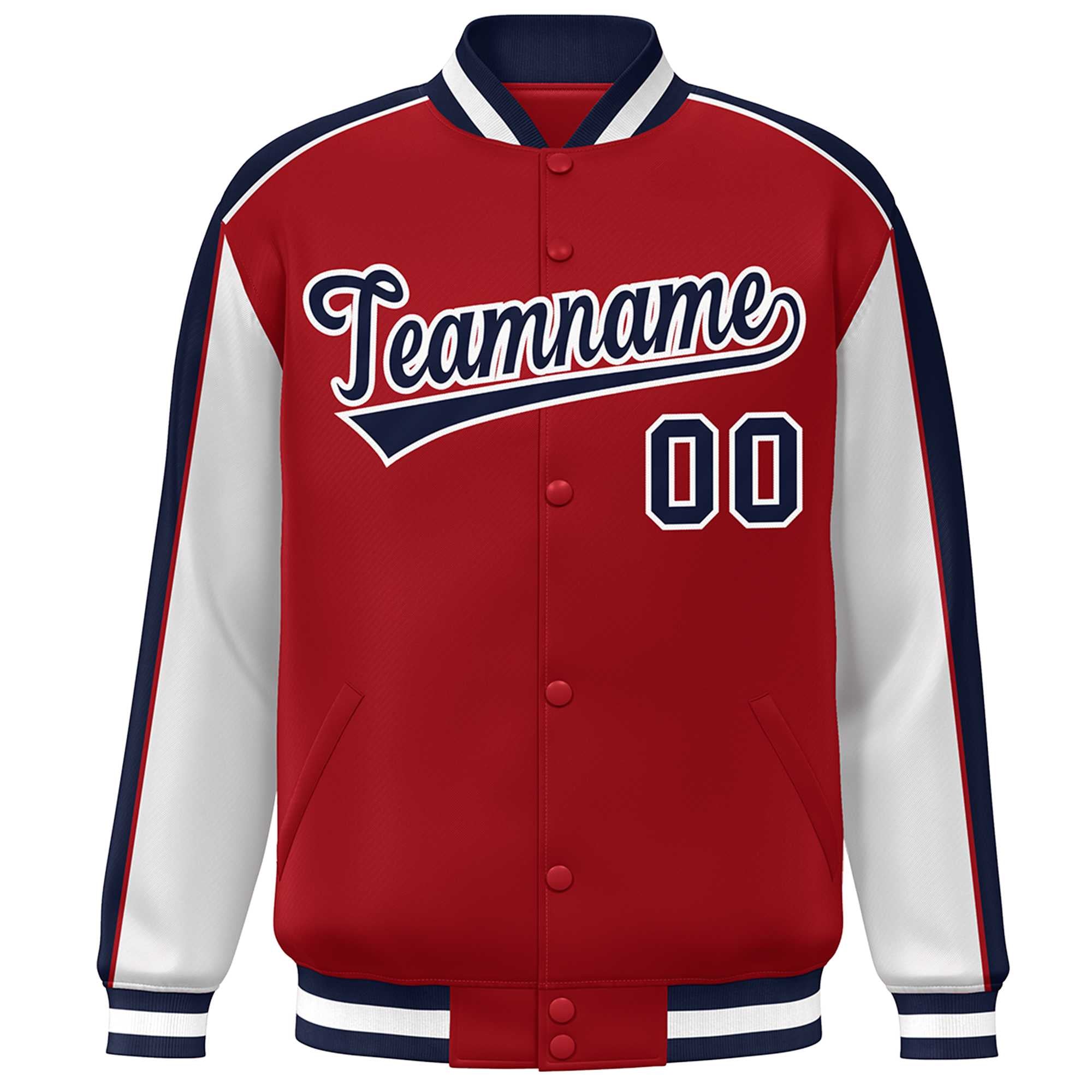 Custom Red Navy-White Color Block Bomber Varsity Full-Snap Baseball Jacket