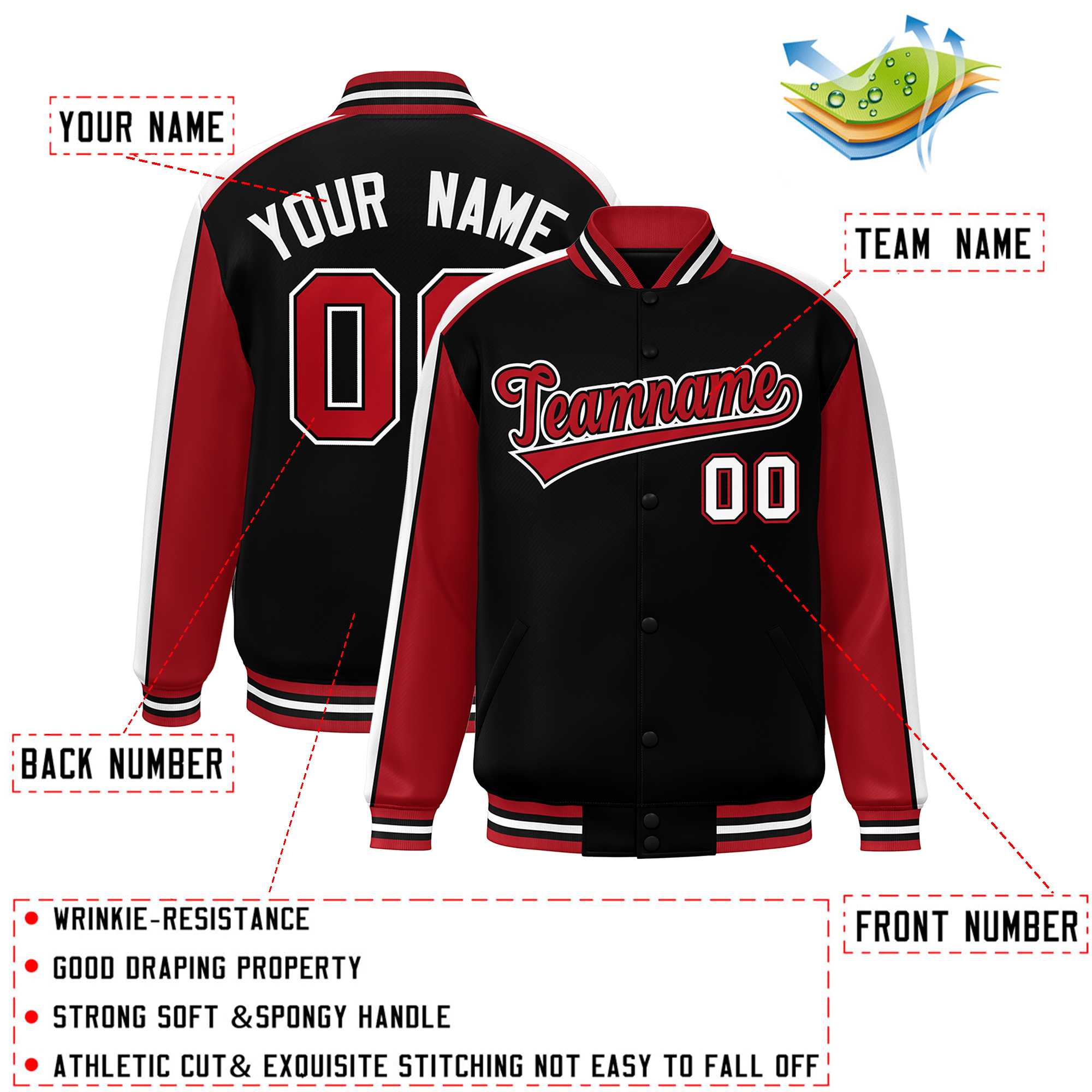 Custom Black Red-White Color Block Bomber Varsity Full-Snap Baseball Jacket