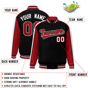 Custom Black Red-White Color Block Bomber Varsity Full-Snap Baseball Jacket