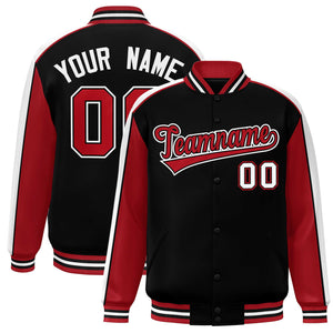 Custom Black Red-White Color Block Bomber Varsity Full-Snap Baseball Jacket