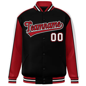 Custom Black Red-White Color Block Bomber Varsity Full-Snap Baseball Jacket