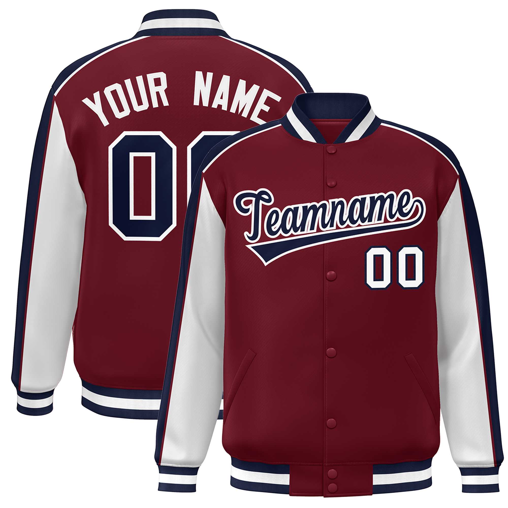 Custom Crimson White-Navy Color Block Bomber Varsity Full-Snap Baseball Jacket