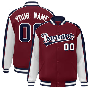 Custom Crimson White-Navy Color Block Bomber Varsity Full-Snap Baseball Jacket