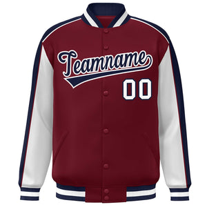 Custom Crimson White-Navy Color Block Bomber Varsity Full-Snap Baseball Jacket