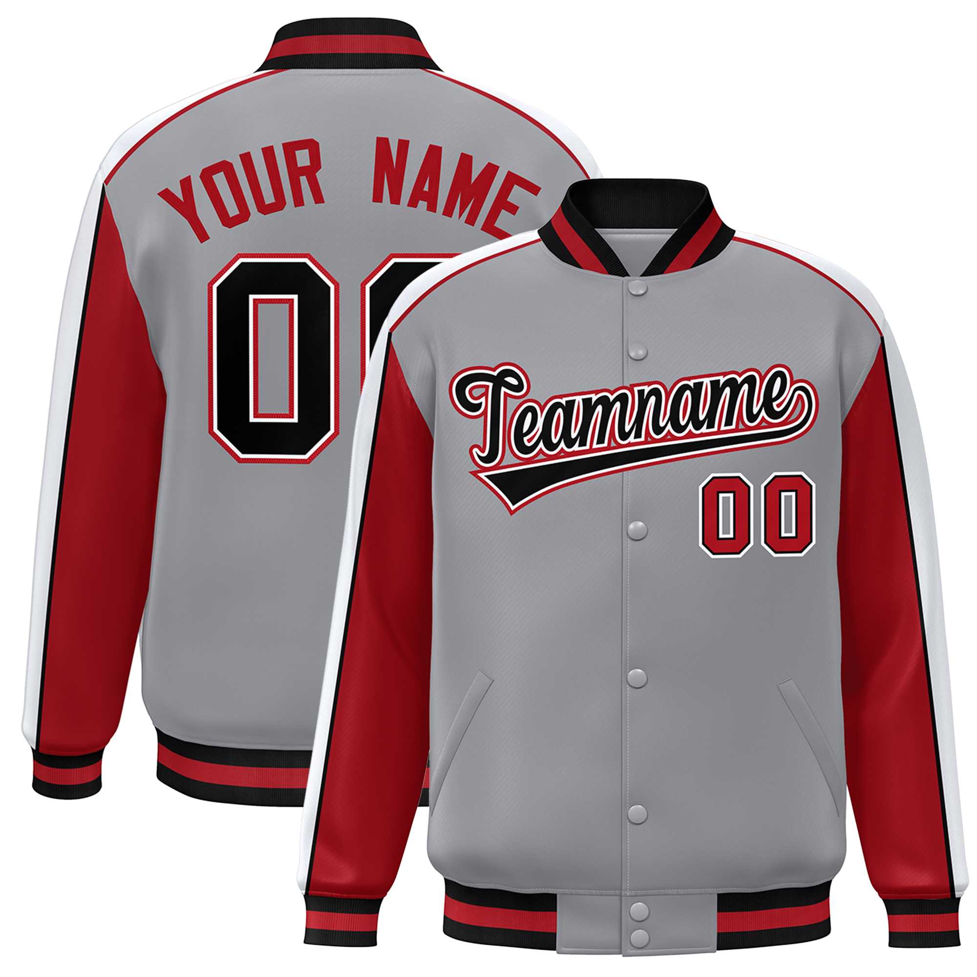 Custom Gray Red-White Color Block Bomber Varsity Full-Snap Baseball Jacket