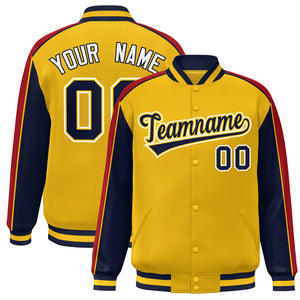 Custom Gold Navy-Red Color Block Bomber Varsity Full-Snap Baseball Jacket