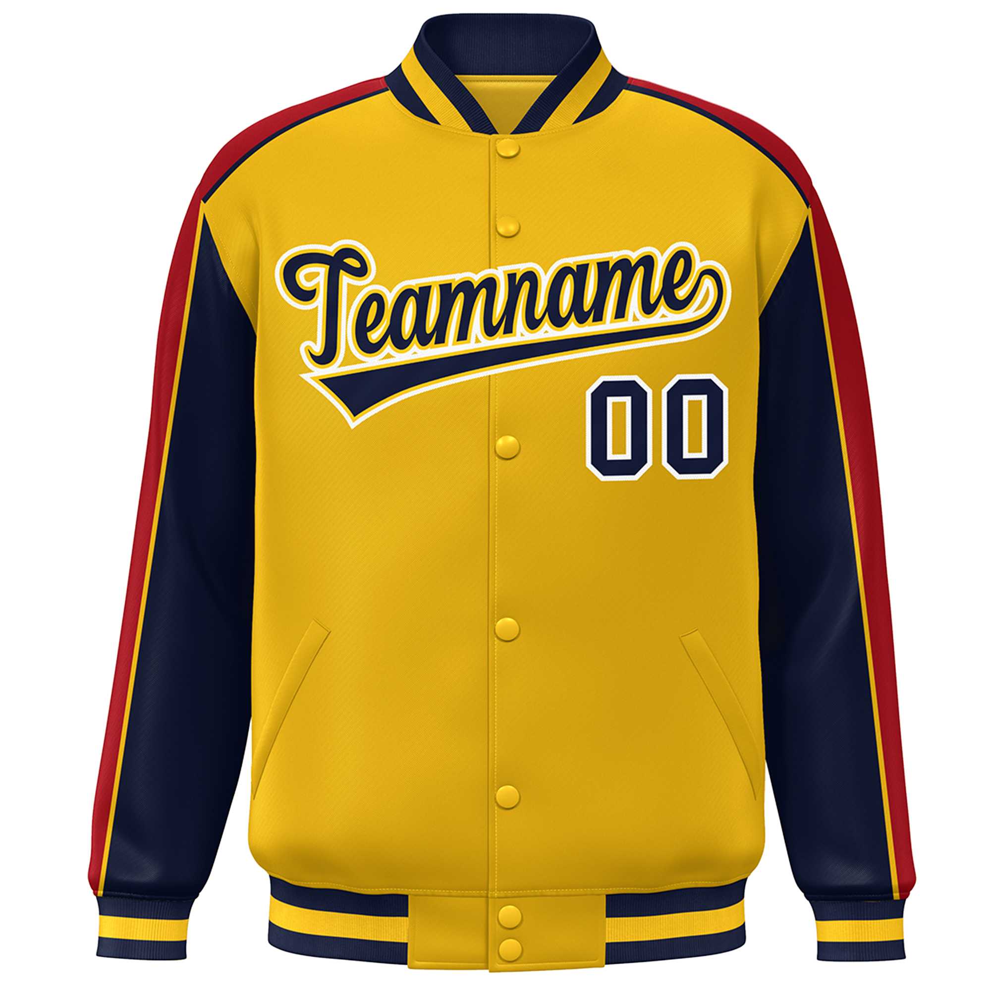 Custom Gold Navy-Red Color Block Bomber Varsity Full-Snap Baseball Jacket