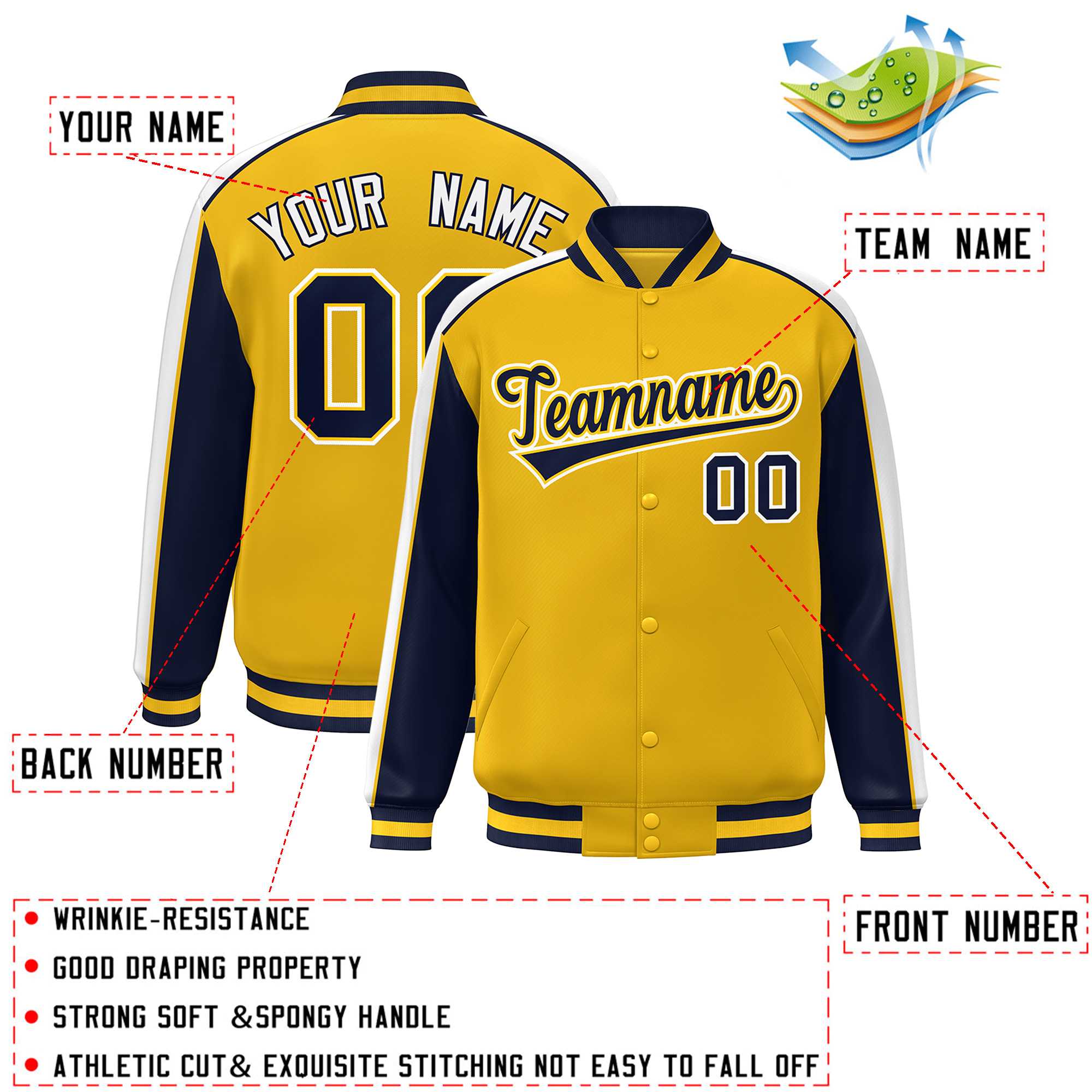 Custom Gold Navy-White Color Block Bomber Varsity Full-Snap Baseball Jacket