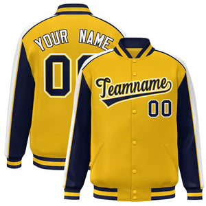 Custom Gold Navy-White Color Block Bomber Varsity Full-Snap Baseball Jacket