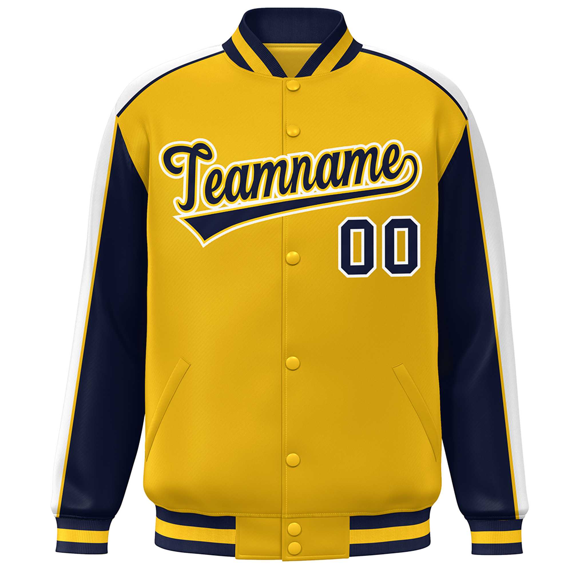 Custom Gold Navy-White Color Block Bomber Varsity Full-Snap Baseball Jacket