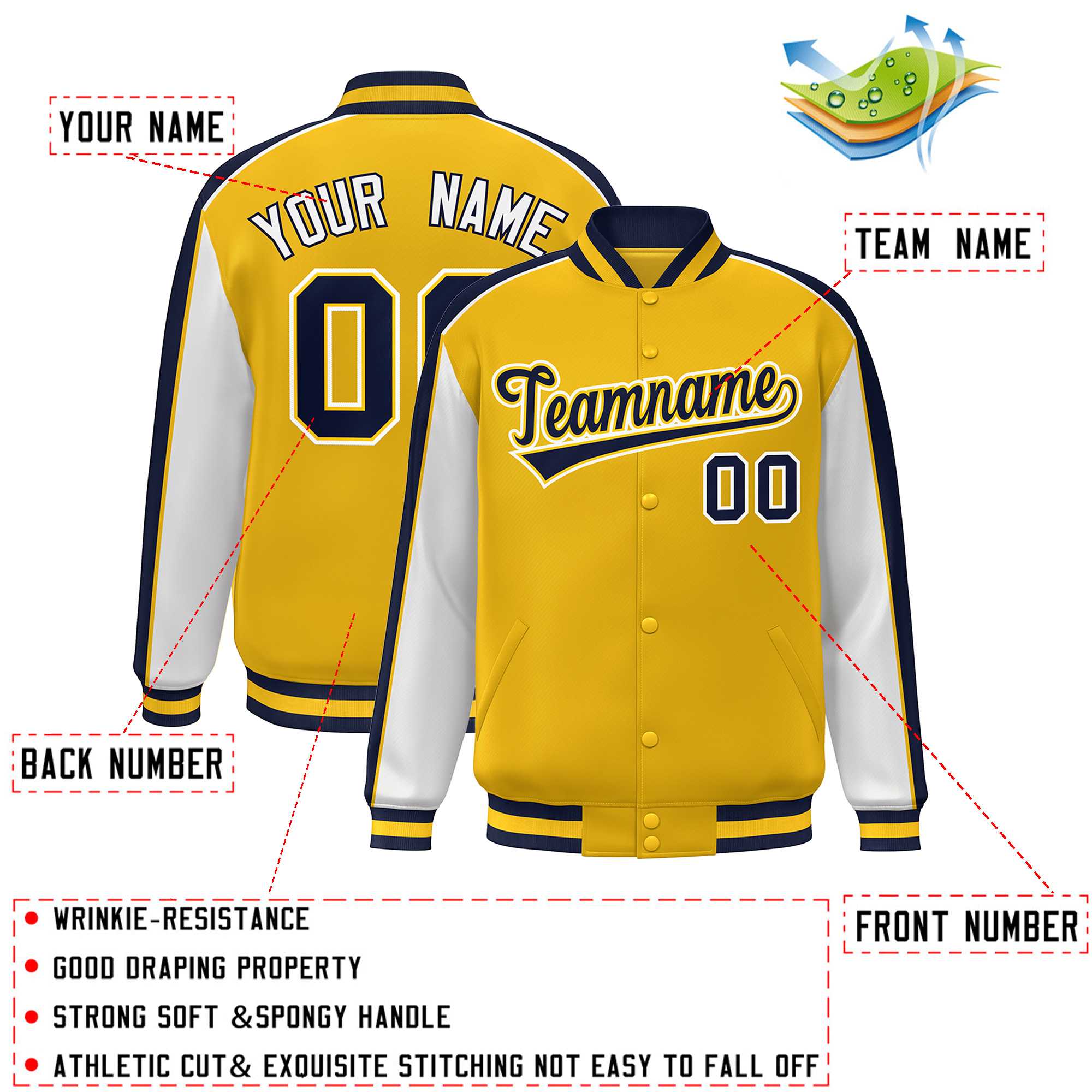 Custom Gold White-Navy Color Block Bomber Varsity Full-Snap Baseball Jacket