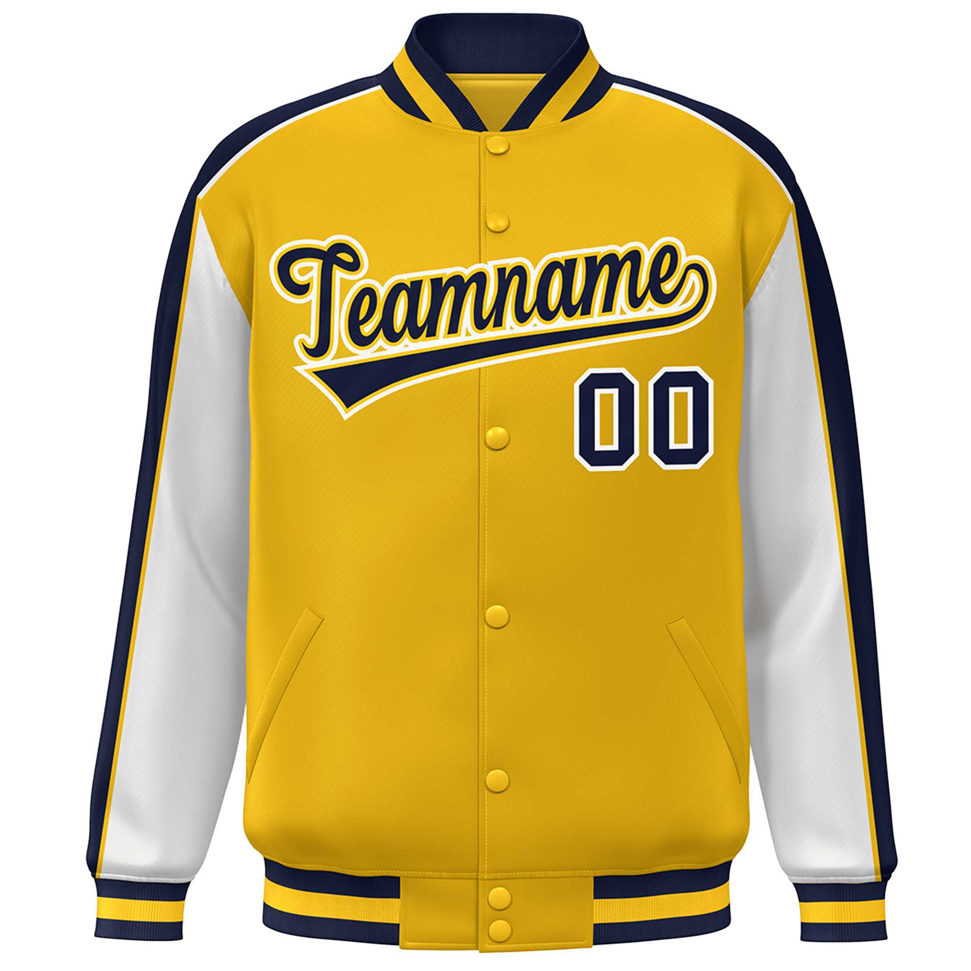 Custom Gold White-Navy Color Block Bomber Varsity Full-Snap Baseball Jacket