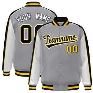 Custom Gray White-Black Color Block Bomber Varsity Full-Snap Baseball Jacket