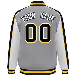 Custom Gray White-Black Color Block Bomber Varsity Full-Snap Baseball Jacket