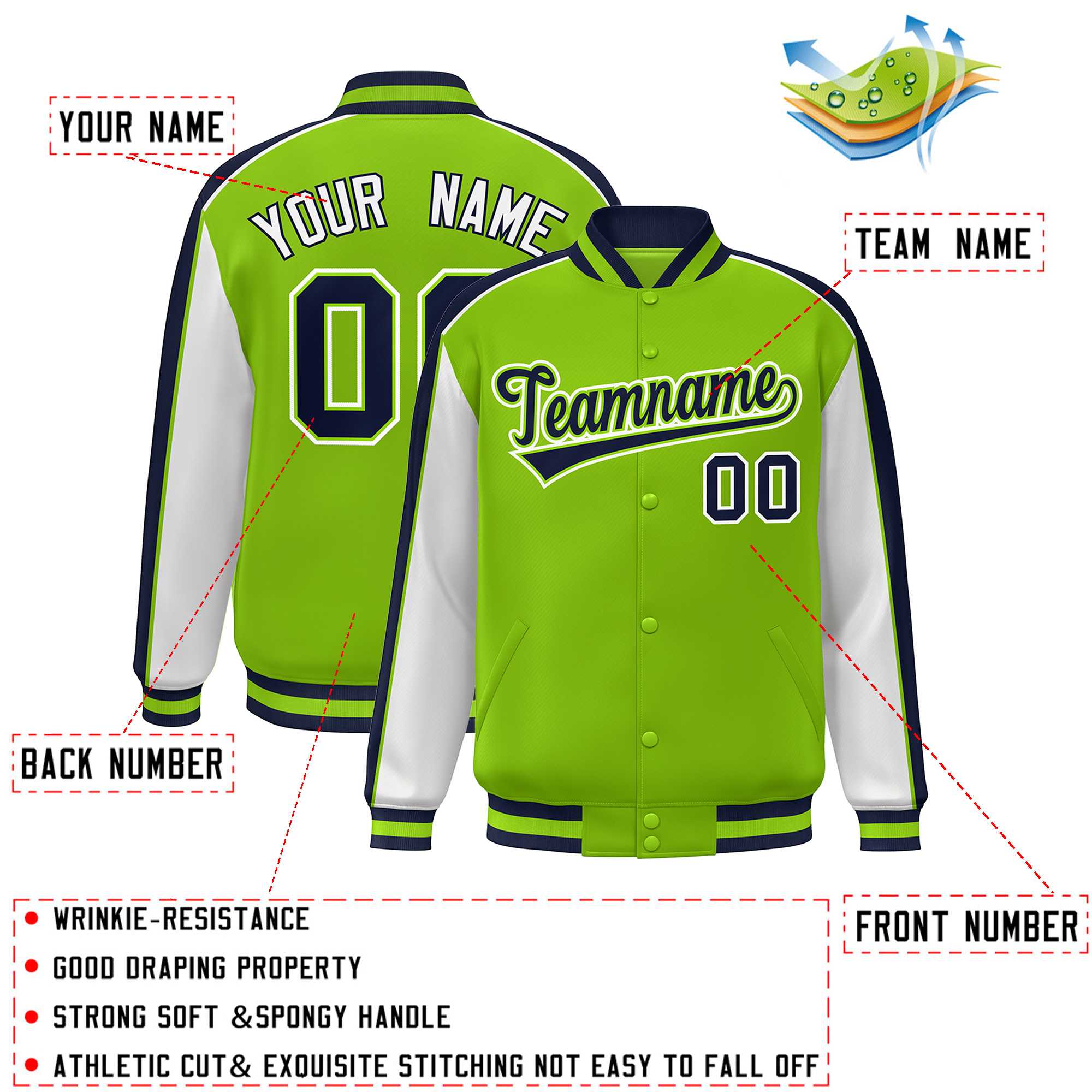 Custom Neon Green White-Navy Color Block Bomber Varsity Full-Snap Baseball Jacket