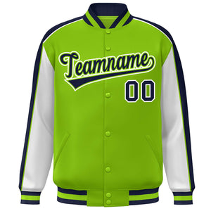 Custom Neon Green White-Navy Color Block Bomber Varsity Full-Snap Baseball Jacket