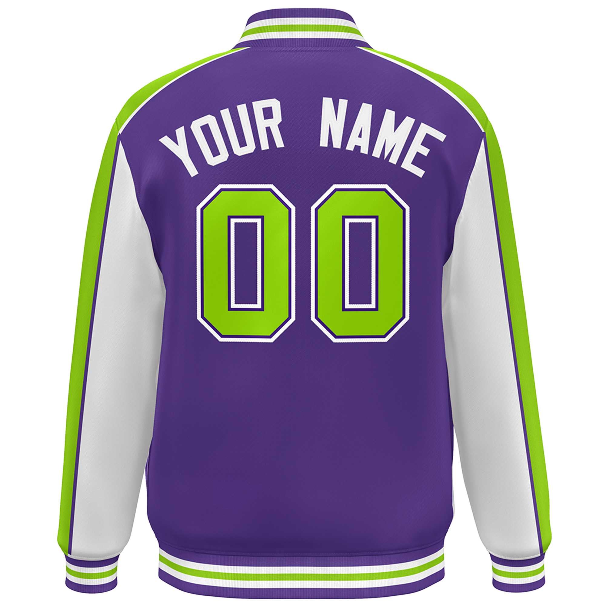 Custom Purple White-Neon Green Color Block Bomber Varsity Full-Snap Baseball Jacket