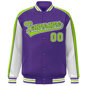 Custom Purple White-Neon Green Color Block Bomber Varsity Full-Snap Baseball Jacket