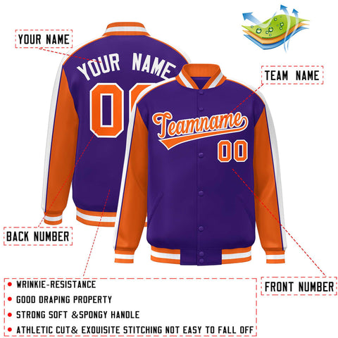 Custom Purple Orange-White Color Block Bomber Varsity Full-Snap Baseball Jacket