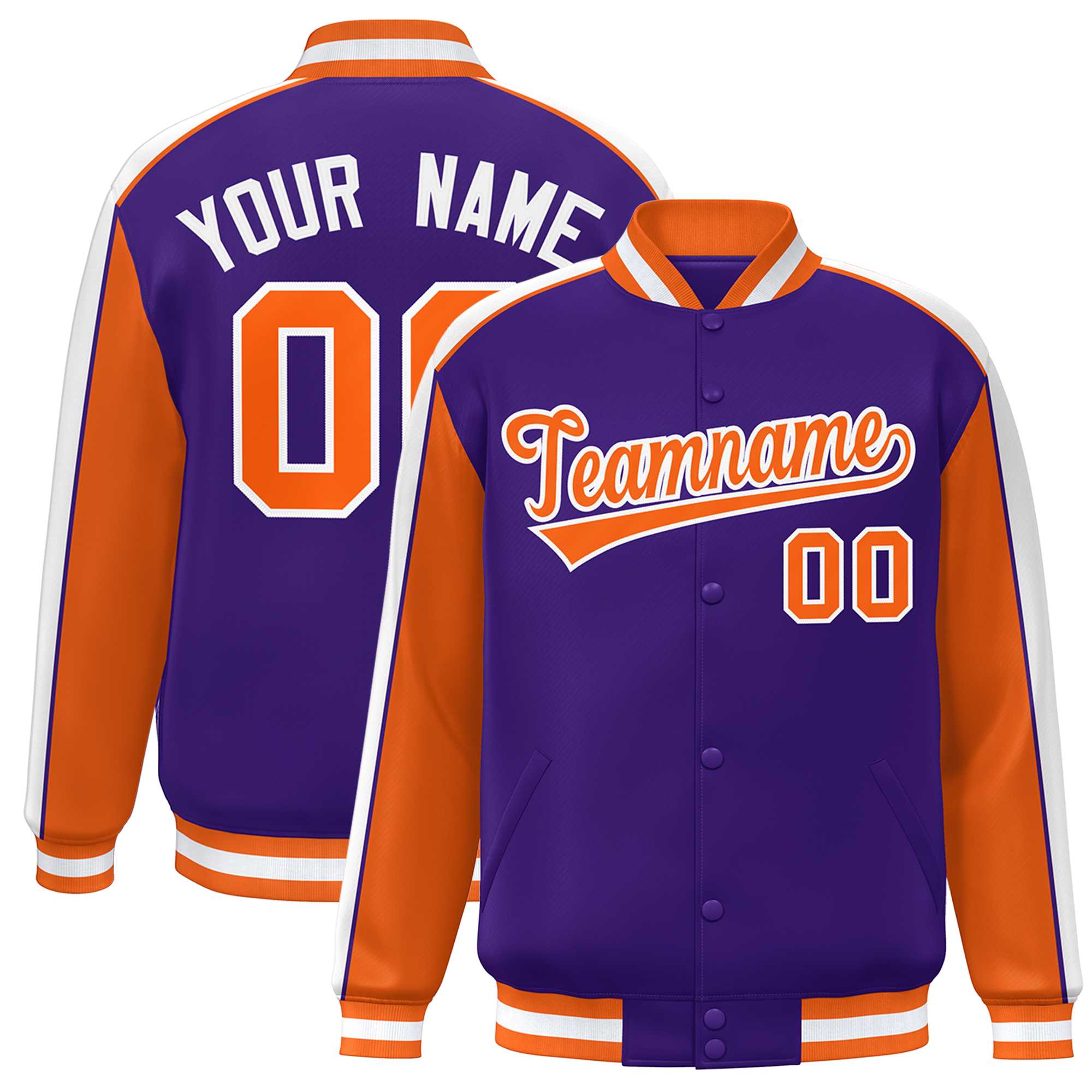 Custom Purple Orange-White Color Block Bomber Varsity Full-Snap Baseball Jacket