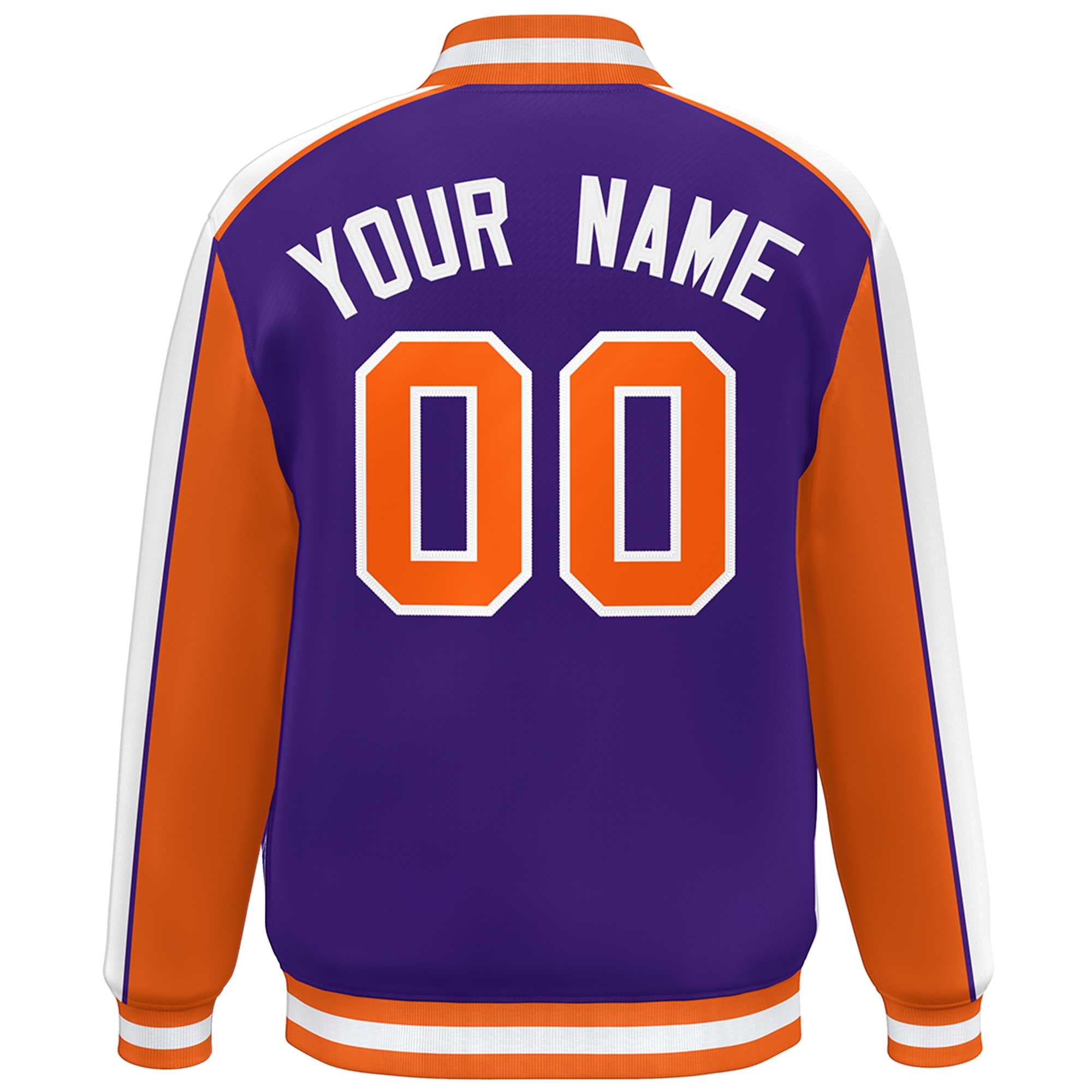 Custom Purple Orange-White Color Block Bomber Varsity Full-Snap Baseball Jacket