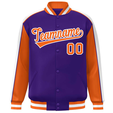 Custom Purple Orange-White Color Block Bomber Varsity Full-Snap Baseball Jacket