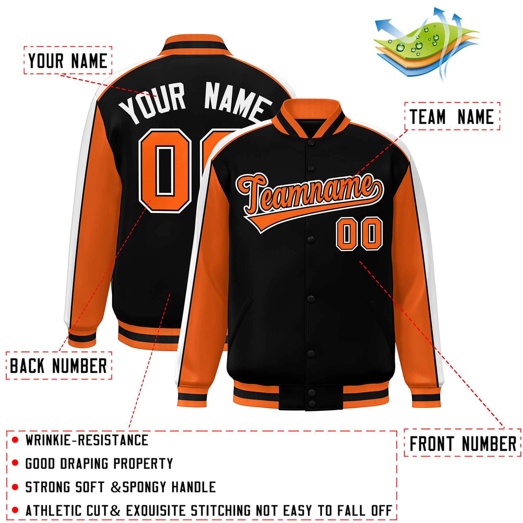 Custom Black Orange-White Color Block Bomber Varsity Full-Snap Baseball Jacket