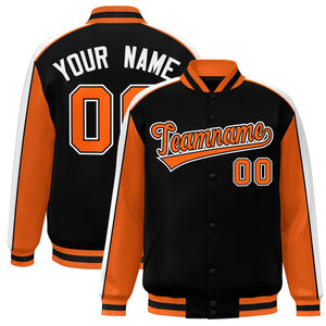 Custom Black Orange-White Color Block Bomber Varsity Full-Snap Baseball Jacket