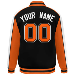 Custom Black Orange-White Color Block Bomber Varsity Full-Snap Baseball Jacket