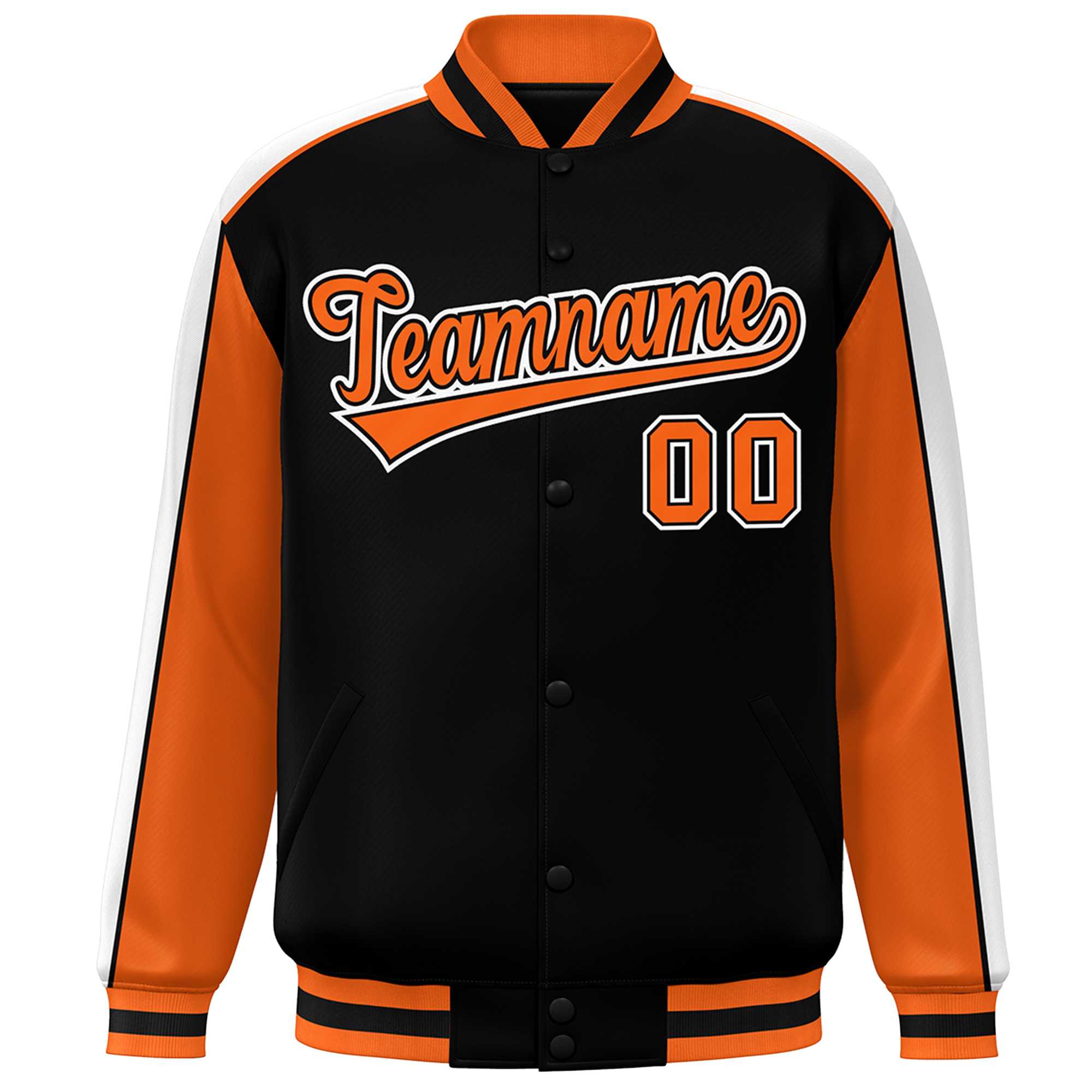 Custom Black Orange-White Color Block Bomber Varsity Full-Snap Baseball Jacket