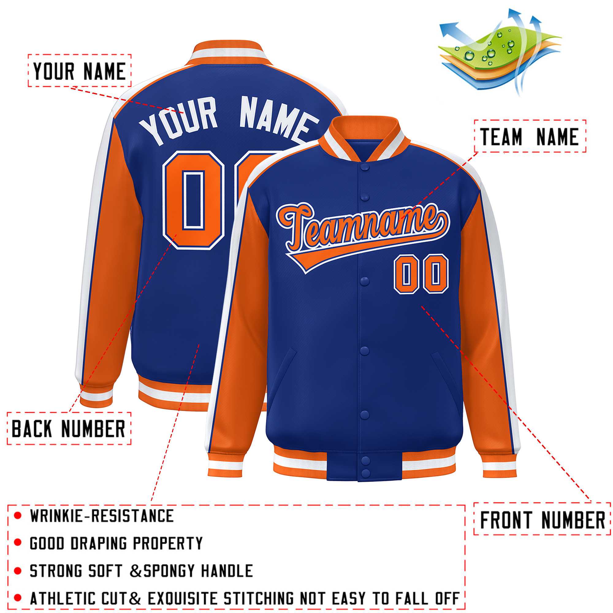 Custom Royal Orange-White Color Block Bomber Varsity Full-Snap Baseball Jacket