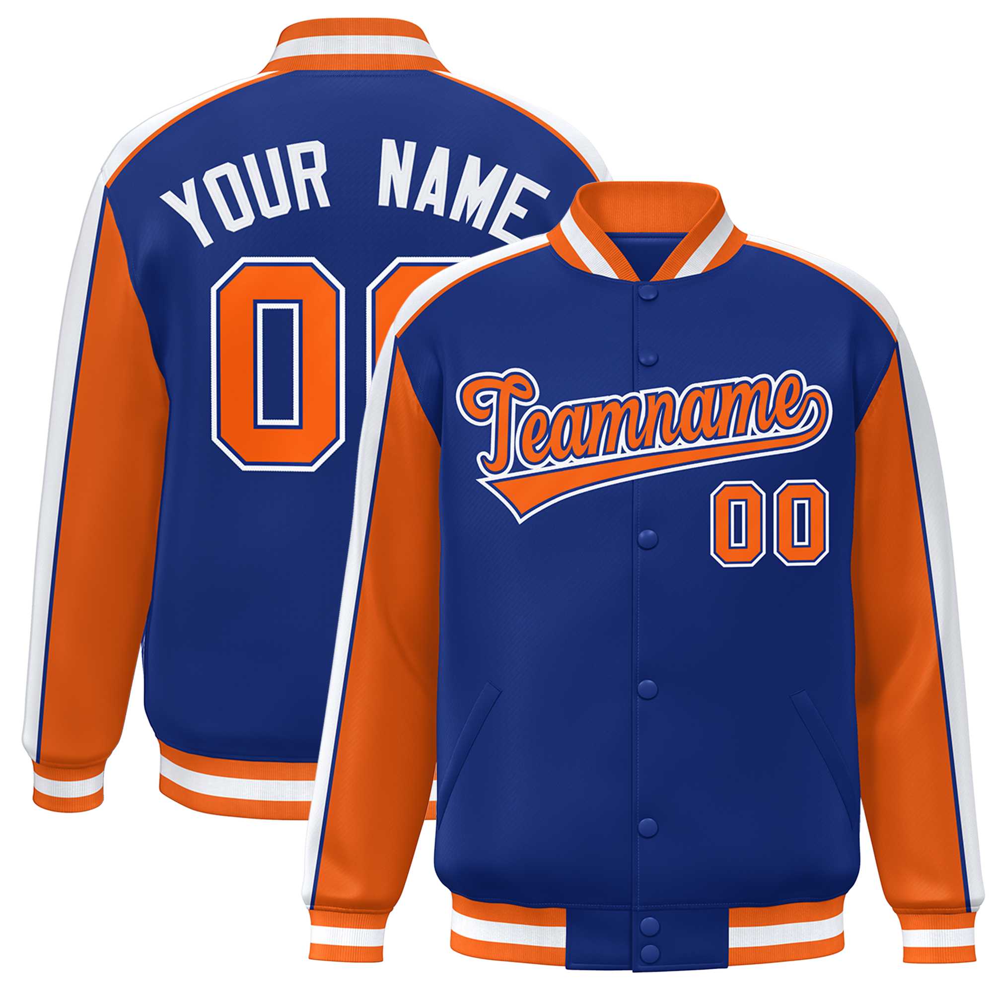 Custom Royal Orange-White Color Block Bomber Varsity Full-Snap Baseball Jacket