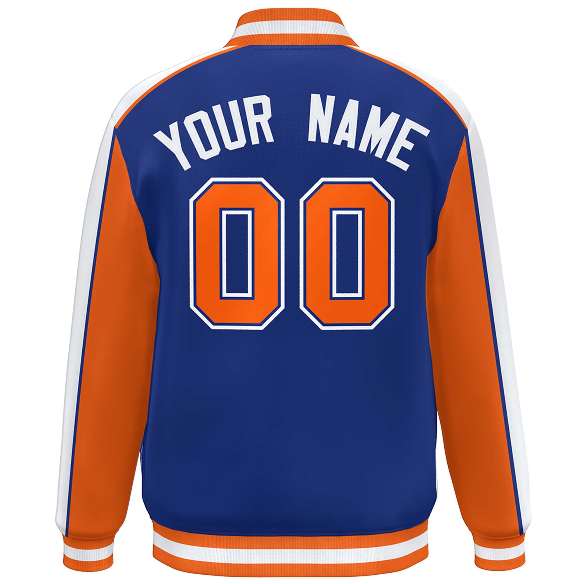 Custom Royal Orange-White Color Block Bomber Varsity Full-Snap Baseball Jacket