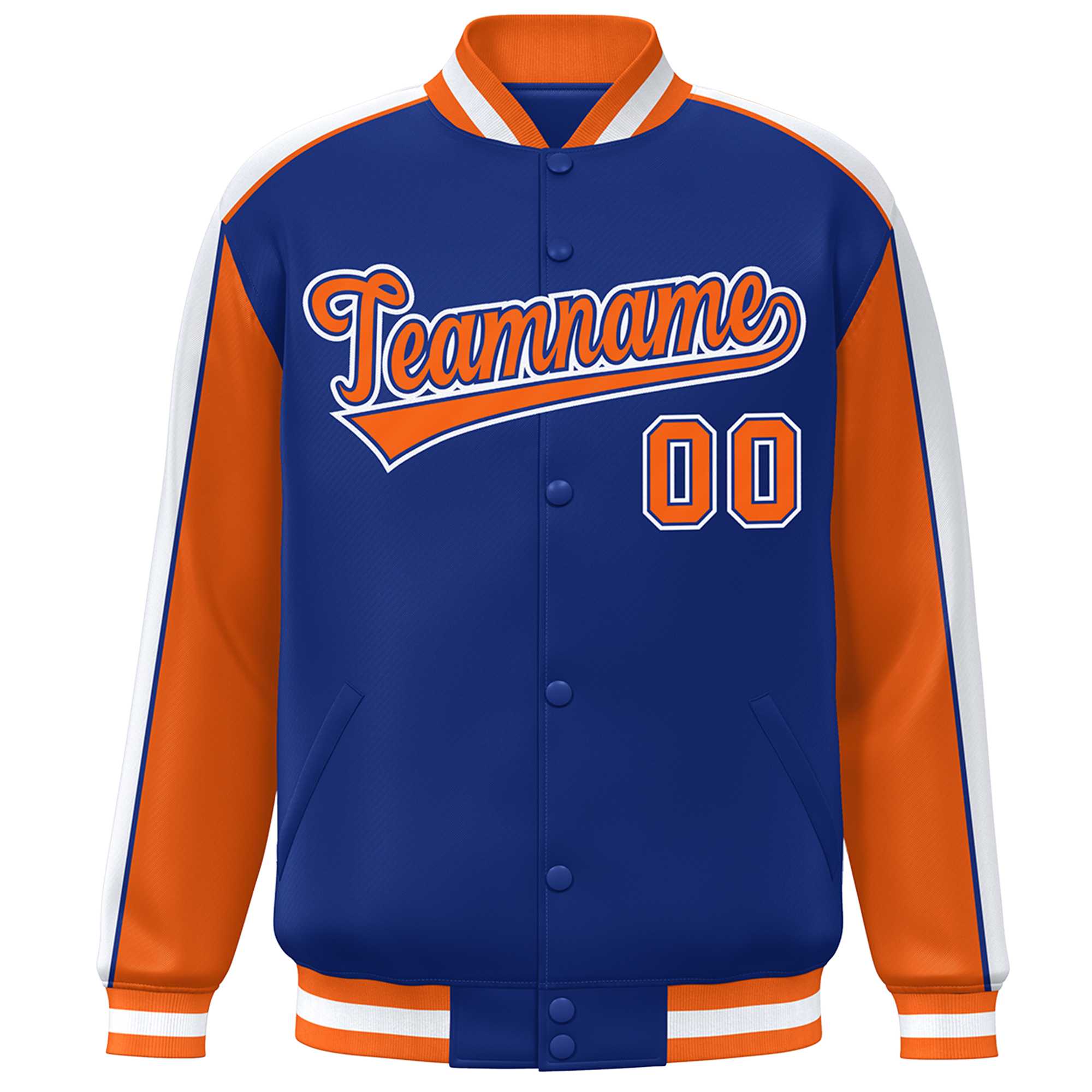 Custom Royal Orange-White Color Block Bomber Varsity Full-Snap Baseball Jacket