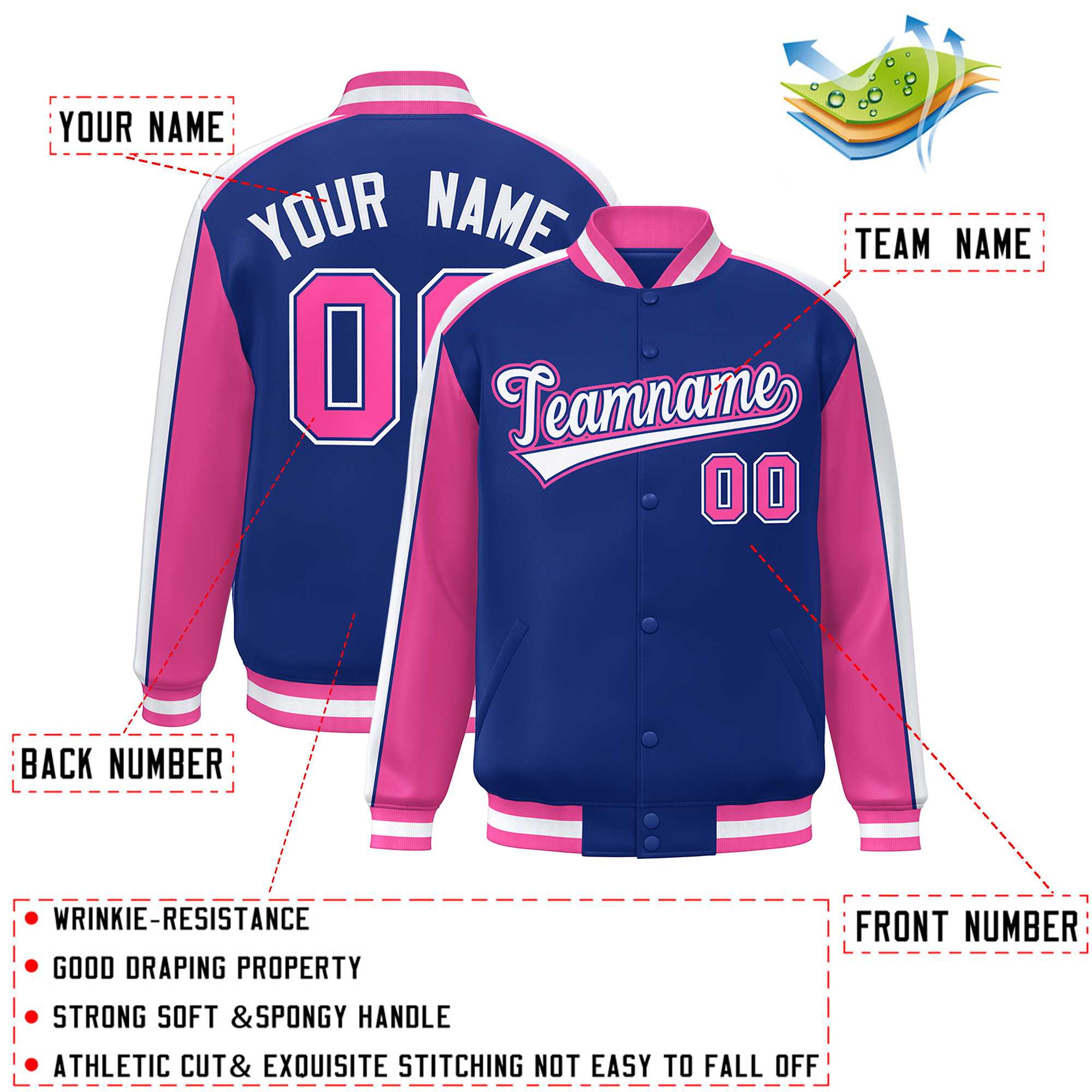 Custom Royal Pink-White Color Block Bomber Varsity Full-Snap Baseball Jacket