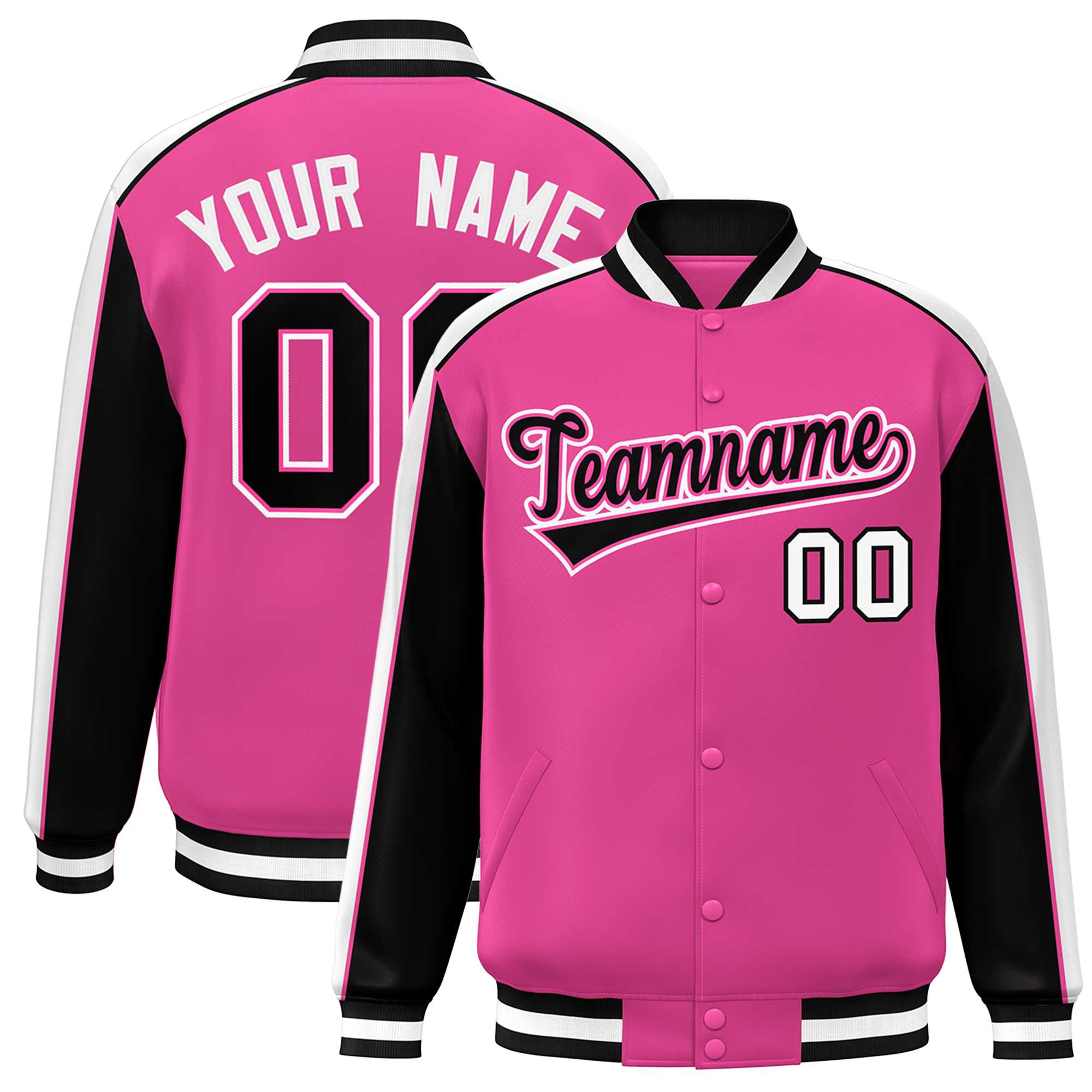 Custom Pink Black-White Color Block Bomber Varsity Full-Snap Baseball Jacket