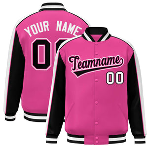 Custom Pink Black-White Color Block Bomber Varsity Full-Snap Baseball Jacket