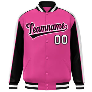 Custom Pink Black-White Color Block Bomber Varsity Full-Snap Baseball Jacket