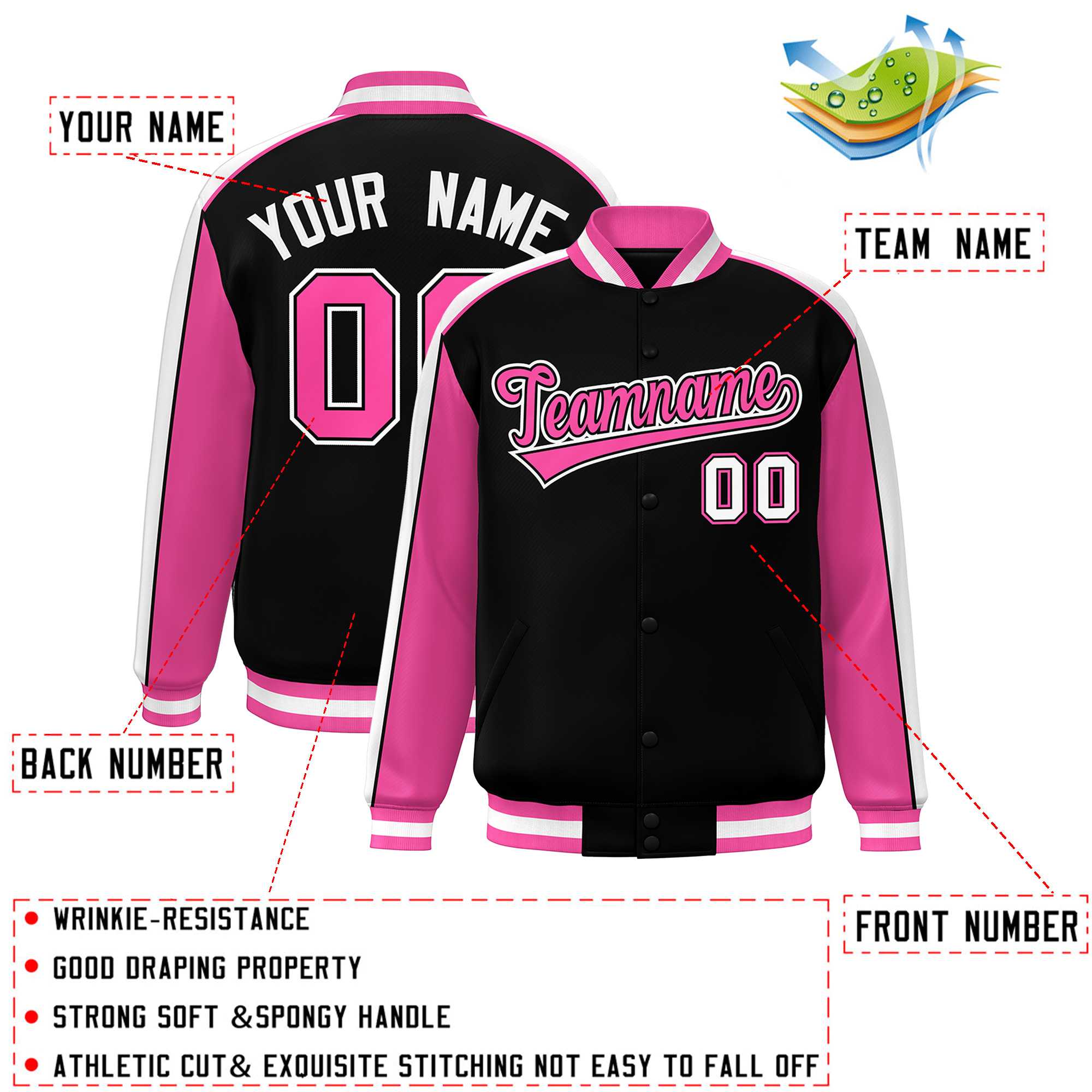 Custom Black Pink-White Color Block Bomber Varsity Full-Snap Baseball Jacket