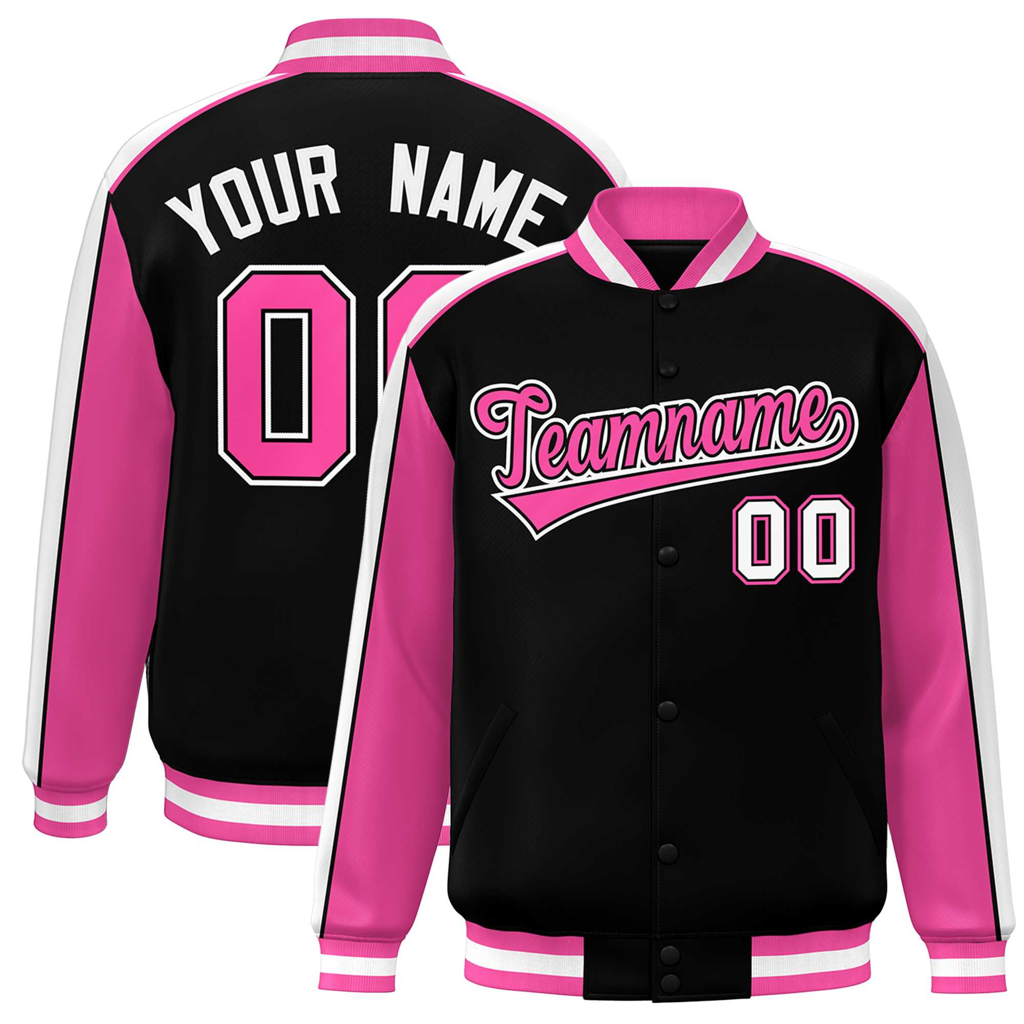 Custom Black Pink-White Color Block Bomber Varsity Full-Snap Baseball Jacket