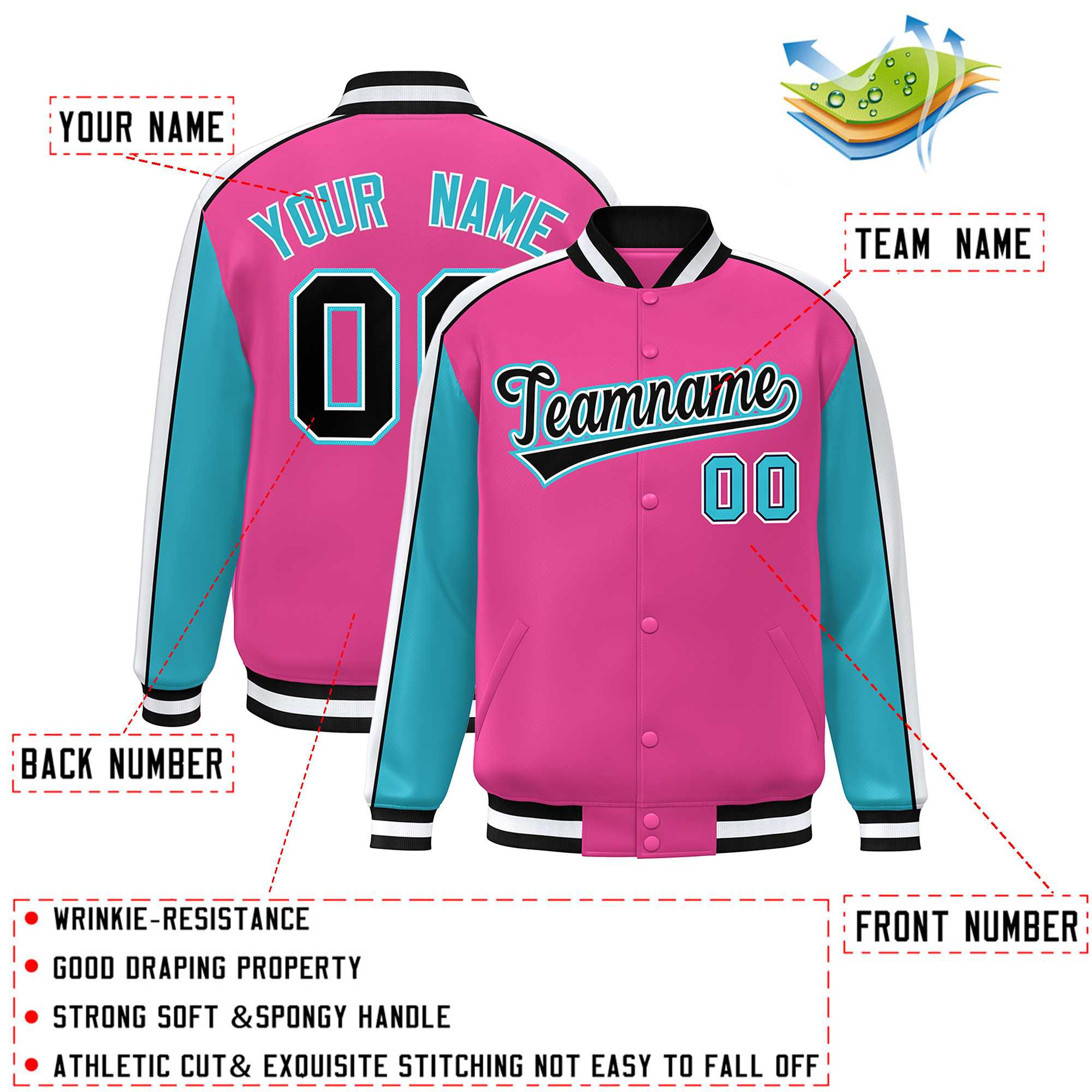 Custom Pink Aqua-White Color Block Bomber Varsity Full-Snap Baseball Jacket