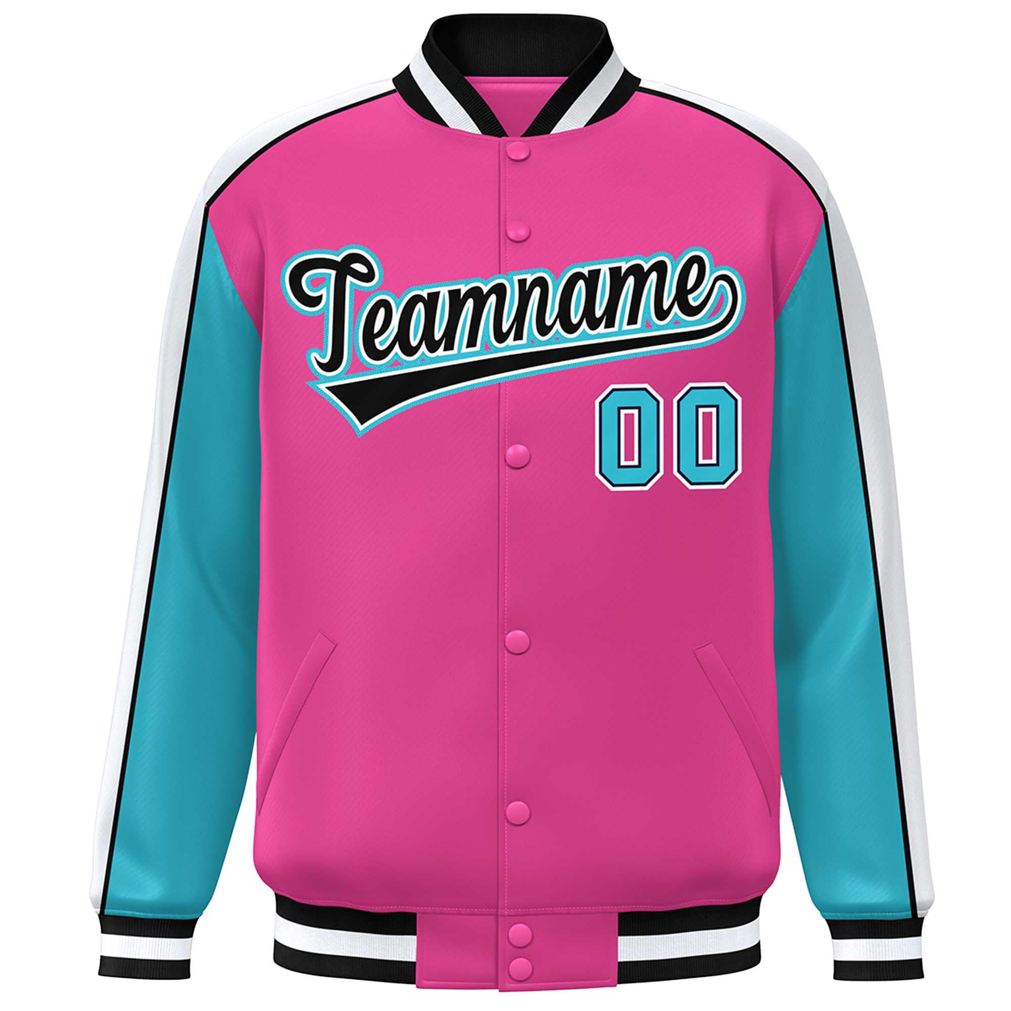 Custom Pink Aqua-White Color Block Bomber Varsity Full-Snap Baseball Jacket