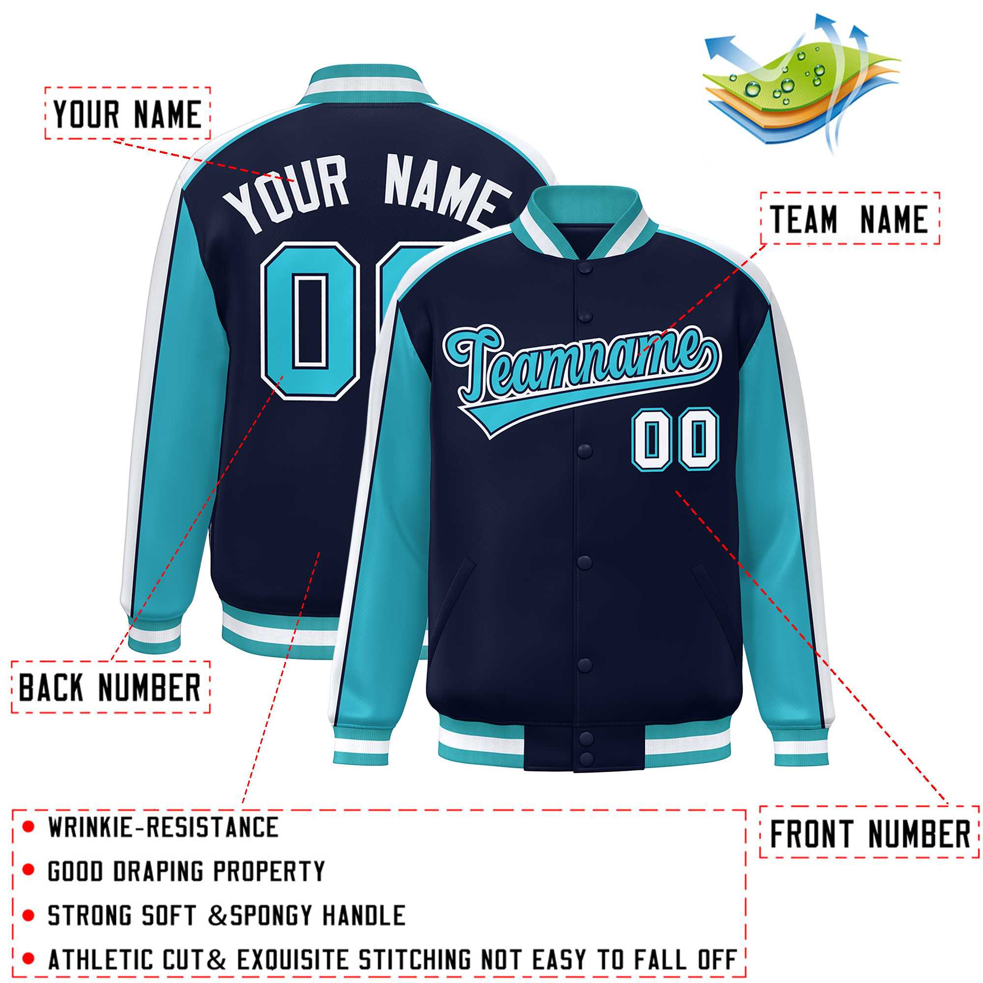 Custom Navy Aqua-White Color Block Bomber Varsity Full-Snap Baseball Jacket