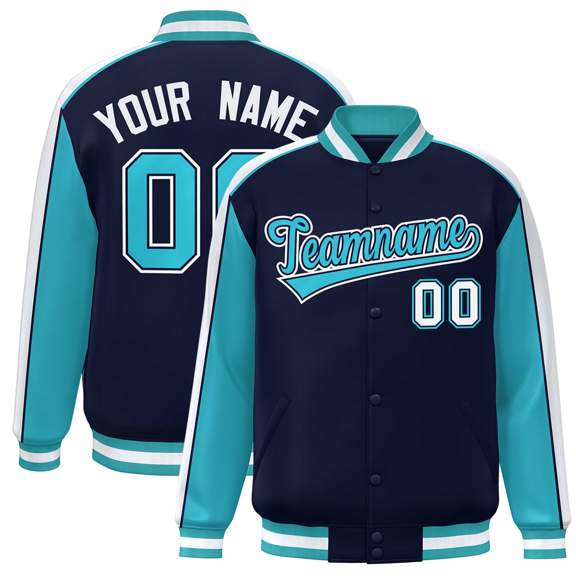 Custom Navy Aqua-White Color Block Bomber Varsity Full-Snap Baseball Jacket