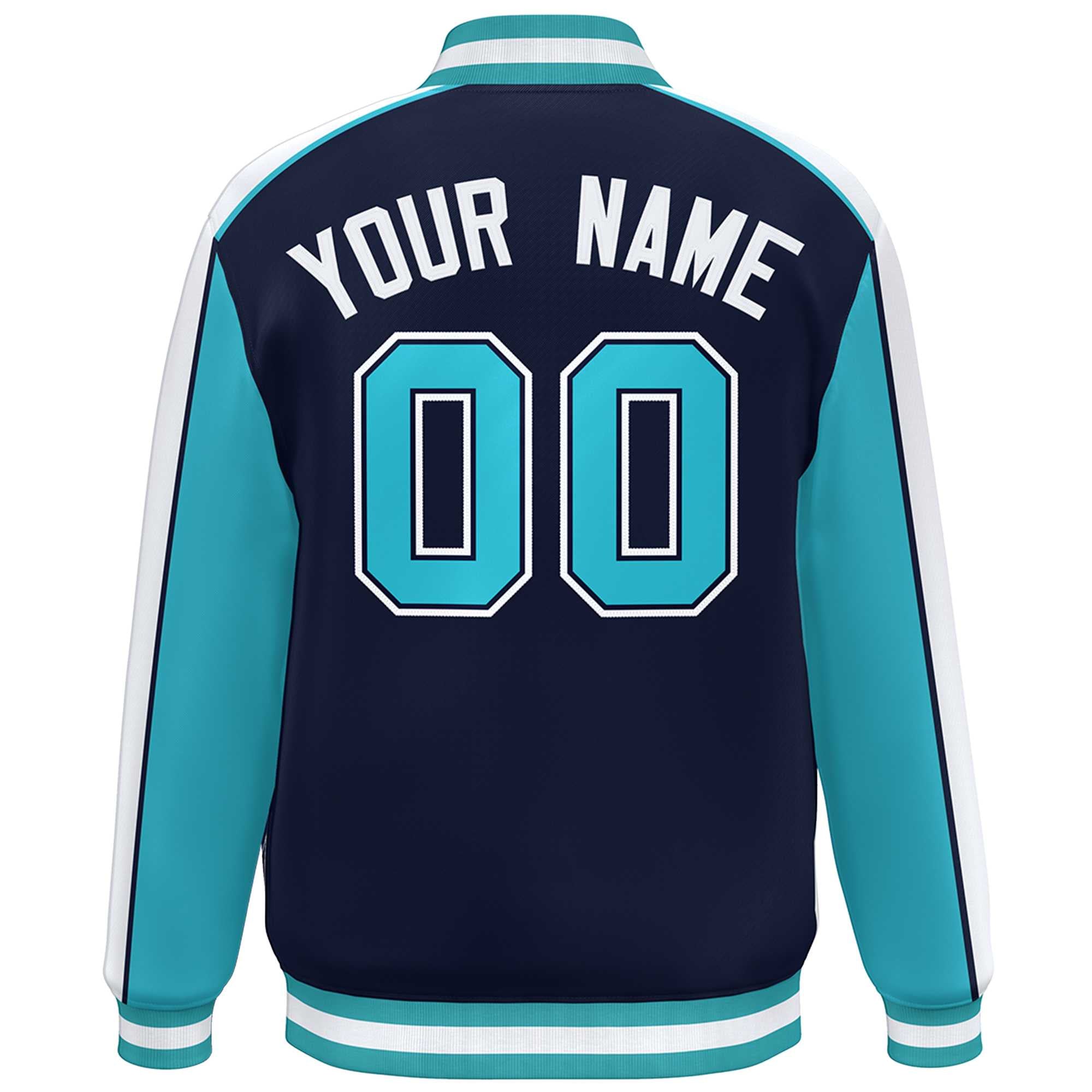 Custom Navy Aqua-White Color Block Bomber Varsity Full-Snap Baseball Jacket