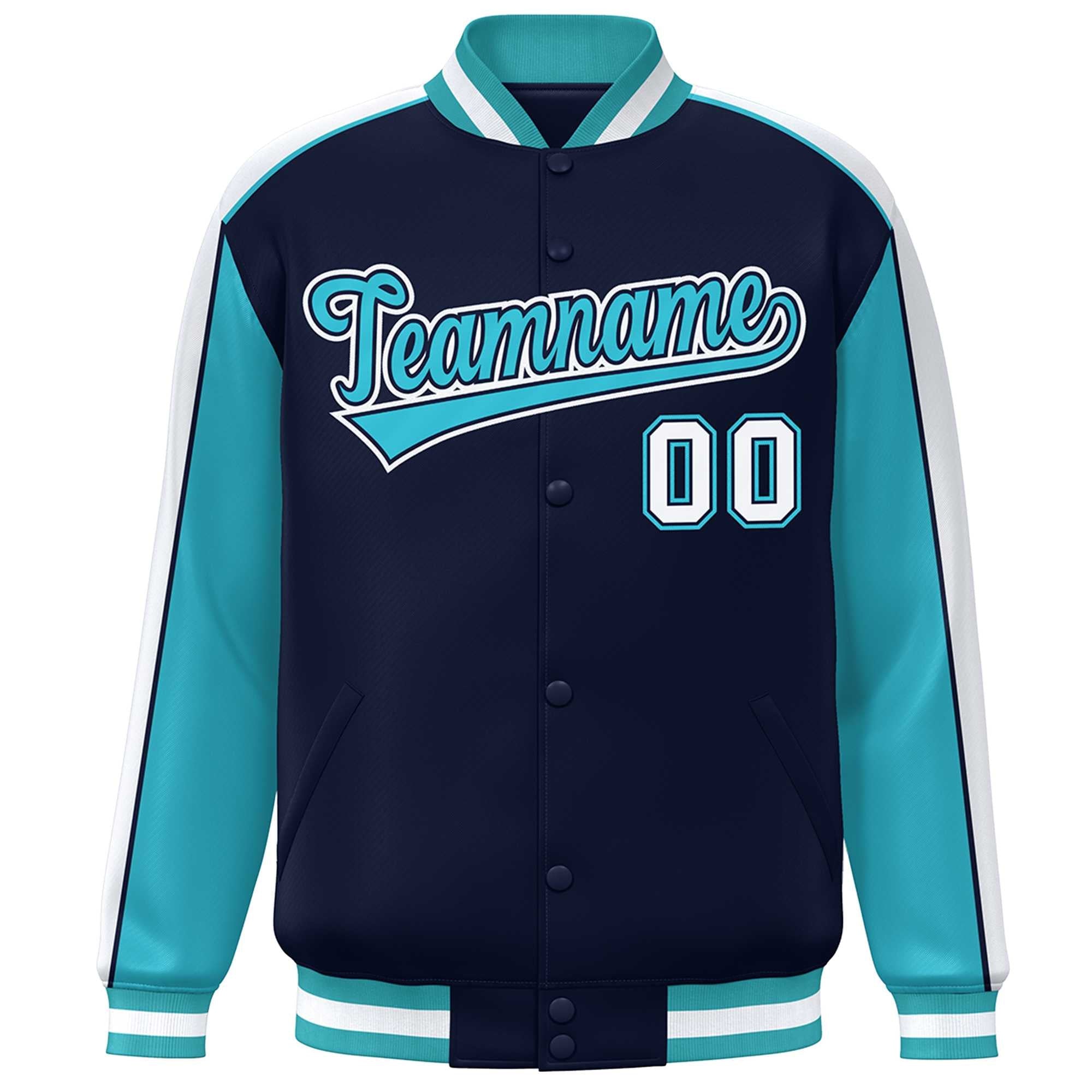 Custom Navy Aqua-White Color Block Bomber Varsity Full-Snap Baseball Jacket