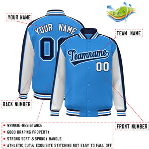 Custom Powder Blue White-Navy Color Block Bomber Varsity Full-Snap Baseball Jacket